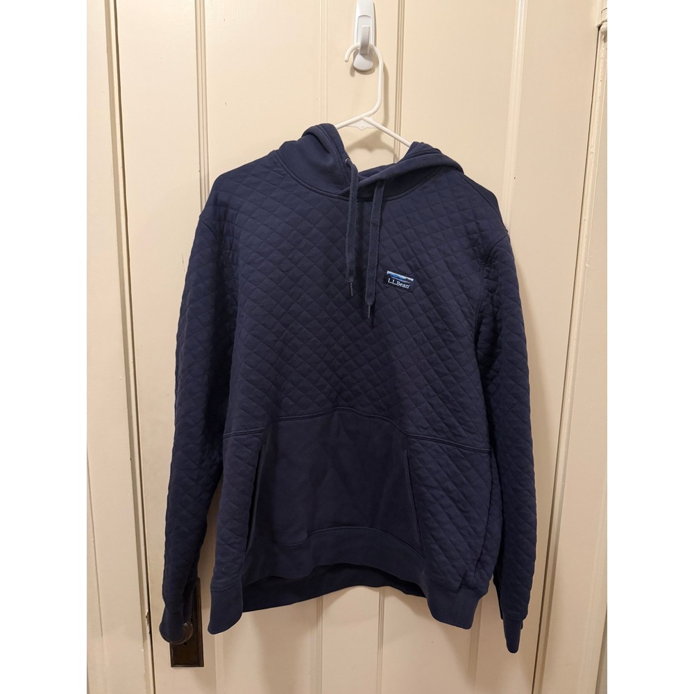 LL Bean Mens Quilted Hoodie Navy Blue Diamond Pattern Pullover Large Traditional